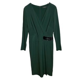 Lauren Ralph Lauren Dress Dark Green Faux Wrap Buckle Jersey Long Sleeve Size 8
